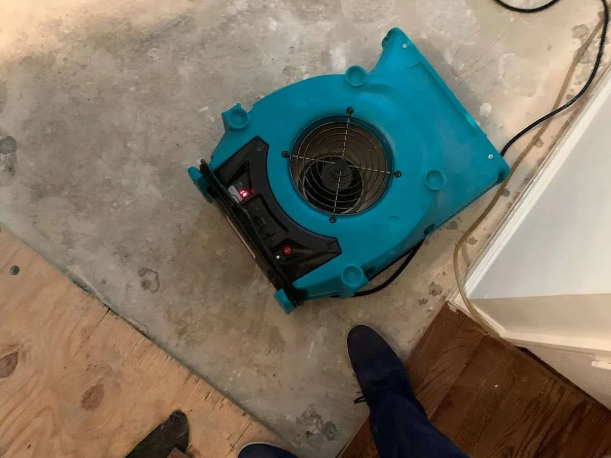 Air mover drying subfloor during Commercial Water Damage Restoration in Orland Park